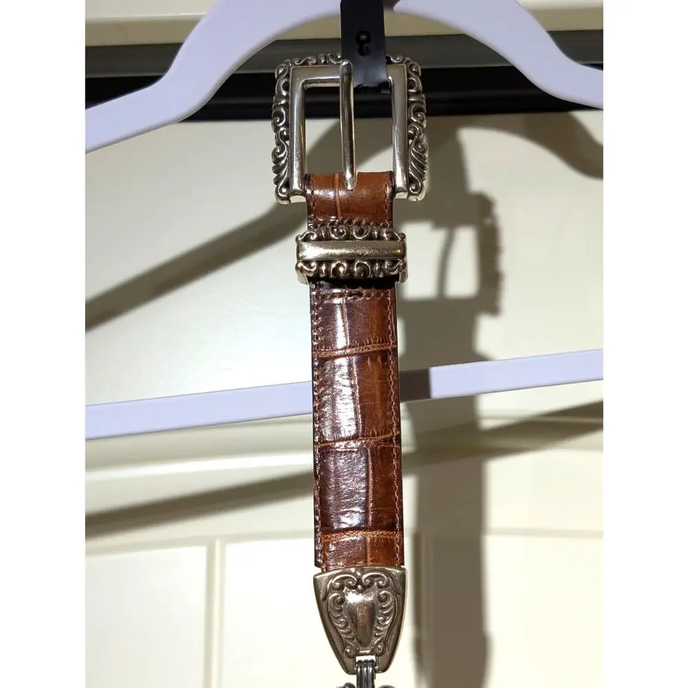 Vtg RARE 1996 Brighton Brown Croc Embossed Silver Chain Link Belt Womens Sz M